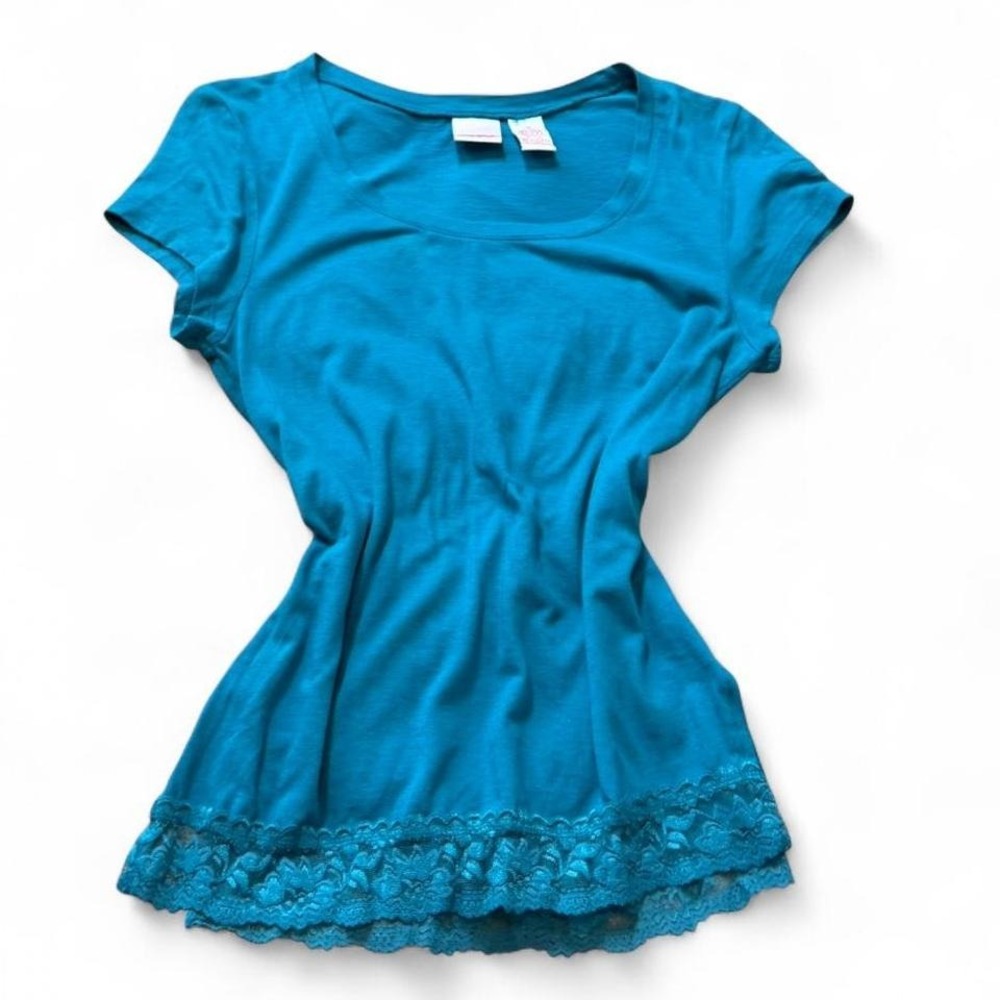Y2K Xhilaration Teal Scoop Neck Lace Hem Top, Women's‎ Size M